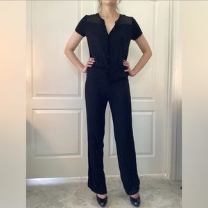 Jersey and sheer chiffon button down pantsuit